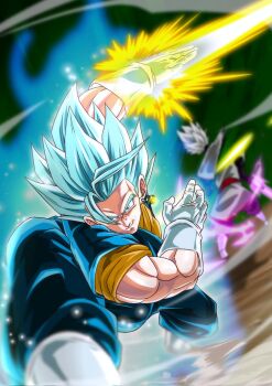 2boys arm_blade aura battle blue_eyes blue_hair blue_pants blue_shirt boots commentary disembodied_head dougi dragon_ball dragon_ball_super duel earrings energy_blade fused_zamasu gloves highres jewelry male_focus medium_hair multiple_boys muscular muscular_male orange_shirt pants pocagraffiti potara_earrings shirt smirk solo_focus spiked_hair super_saiyan super_saiyan_blue vegetto weapon white_boots white_gloves zamasu