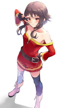 Rule 34 | 1girl, bare shoulders, black hair, black thighhighs, blush, breasts, choker, dress, hair between eyes, highres, kono subarashii sekai ni shukufuku wo!, long hair, long sleeves, looking at viewer, megumin, miyamoto satoru, no headwear, off-shoulder dress, off shoulder, red dress, red eyes, short hair, short hair with long locks, sidelocks, small breasts, solo, thighhighs, white thighhighs