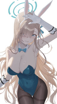 Rule 34 | 1girl, absurdres, animal ear hairband, animal ears, asuna (blue archive), asuna (bunny) (blue archive), bare shoulders, blonde hair, blue archive, blue bow, blue bowtie, blue eyes, blue halo, blue leotard, blush, bow, bowtie, breasts, cleavage, collarbone, commentary request, covered groin, covered navel, detached collar, fake animal ears, gloves, hair over one eye, hairband, halo, highres, ikou (18 ikou), large breasts, leotard, long hair, looking at viewer, mole, mole on breast, pantyhose, parted lips, rabbit ear hairband, rabbit ears, smile, solo, thighband pantyhose, very long hair, white gloves