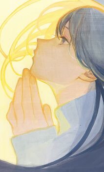 1girl blue_hair floating_hair highres long_hair nininiwa2 orange_eyes original profile sleeves_past_wrists solo sweater traditional_media turtleneck turtleneck_sweater upper_body