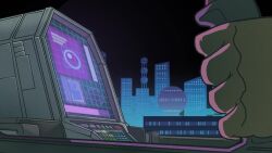 1boy animated captain_falcon city cityscape cockpit controller driving f-zero gloves joystick jrcomicart monitor nintendo push-button science_fiction solo tagme unfinished video yellow_gloves