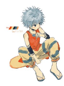 Rule 34 | 1boy, black eyes, color guide, commentary, commentary request, dated, flip-flops, food, full body, grey hair, highres, holding, holding food, holding popsicle, hunter x hunter, killua zoldyck, male focus, open mouth, pants, popsicle, red tank top, sandals, short hair, sitting, skateboard, solo, tank top, tyaba illust, white background