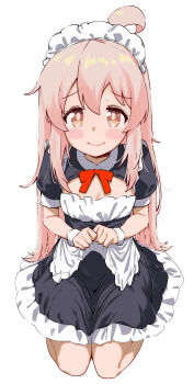 1girl absurdres ahoge apron apron_lift bare_legs blush_stickers bow bowtie breasts brown_eyes cleavage_cutout clothes_lift clothing_cutout commentary frills full_body hair_between_eyes highres lifting_own_clothes long_hair looking_at_viewer maid maid_headdress onii-chan_wa_oshimai! oyama_mahiro pink_hair puffy_short_sleeves puffy_sleeves red_bow red_bowtie seiza shiina_excel short_sleeves simple_background sitting small_breasts smile solo sweatdrop very_long_hair wavy_mouth white_background wrist_cuffs
