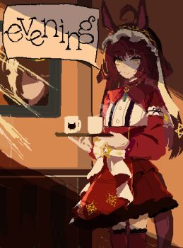 1girl ahoge animal_ears capelet closed_mouth commentary_request cup english_text frilled_hairband frills hairband hands_up holding holding_plate horse_ears horse_girl horse_tail layered_skirt long_hair mug plate prix_deleau red_capelet red_desire_(umamusume) red_hair red_hairband red_skirt red_thighhighs shirt skirt smile solo speech_bubble steam steaming_cup tail thighhighs tray umamusume variant_set very_long_hair white_shirt yellow_eyes