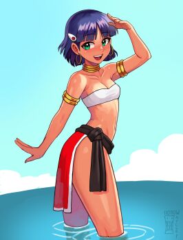 1girl :d absurdres arm_up armlet bare_shoulders blue_hair blunt_bangs breasts collarbone commentary cowboy_shot day earrings english_commentary fushigi_no_umi_no_nadia green_eyes hair_ornament hairclip highres hoop_earrings jewelry looking_at_viewer medium_breasts nadia_la_arwall neck_ring open_mouth outdoors ripples short_hair smile solo strapless teeth thighs tube_top upper_teeth_only wading watcher_hollow water white_tube_top