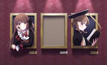 2girls ascot black_bow black_cloak black_dress black_hat book bow bowtie braid brooch brown_eyes brown_hair character_name classic_lolita cloak closed_mouth collared_cloak commentary_request corset cropped_torso detached_sleeves diamond_print dot_nose dress expressionless floral_background frilled_sleeves frills fuji_fujino fur-trimmed_dress fur_trim gem hair_bow hair_over_shoulder hair_rings hair_tie hand_on_own_cheek hand_on_own_face happy hat hat_tassel high_collar highres hiiragi_nemu holding holding_book jewelry light_blush lolita_fashion long_hair long_sleeves magia_record:_mahou_shoujo_madoka_magica_gaiden magical_girl mahou_shoujo_madoka_magica mortarboard multiple_girls one_side_up open_book orange_shirt parted_lips picture_frame pointy_nose print_corset purple_eyes red_background red_bow red_bowtie red_corset red_gemstone red_sleeves satomi_touka shirt side_braids single_braid sleeve_bow smile spotlight through_medium through_painting twin_braids two-tone_shirt upper_body very_long_hair white_ascot white_shirt