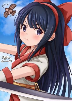 Rule 34 | 1girl, ainu clothes, artist name, blue hair, breasts, hair ribbon, haruhata4814, highres, long hair, looking at viewer, mamahaha, nakoruru, pink lips, purple eyes, ribbon, samurai spirits, small breasts, smile, snk, the king of fighters, weapon