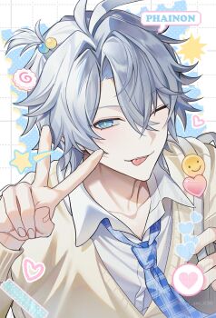 Rule 34 | 1boy, ;p, absurdres, antenna hair, blue eyes, blue necktie, character name, closed mouth, collared shirt, commentary, food, grey hair, grid background, hair between eyes, hair intakes, hand up, heart, highres, honkai: star rail, honkai (series), kamaboko, long sleeves, looking at viewer, male focus, narutomaki, necktie, nyamnyam (ny am 030), one eye closed, one side up, parted bangs, phainon (honkai: star rail), portrait, shirt, short hair, solo, star (symbol), sweater, symbol-only commentary, tongue, tongue out, twitter username, v, watermark, white background, white shirt, yellow pupils, yellow sweater