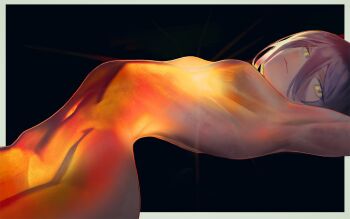 1girl arched_back arms_up black_background black_hair border breasts chainsaw_man commentary glowing green_eyes hair_between_eyes highres looking_at_viewer navel no_nipples no_nose nude outside_border reze_(chainsaw_man) shiny_skin short_hair sideways_glance small_breasts solo the_antin white_border