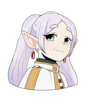 Rule 34 | 1girl, blaff, capelet, closed mouth, commentary, cropped shoulders, earrings, elf, english commentary, floating earrings, frieren, green eyes, grey hair, highres, jewelry, long hair, looking at viewer, parted bangs, pointy ears, simple background, smile, solo, sousou no frieren, teardrop earrings, twintails, white background, white capelet