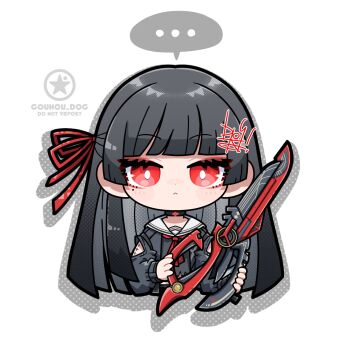 ... 1girl arm_cutout artist_logo black_choker black_hair black_shirt bright_pupils chibi chibi_only chisa_(wuthering_waves) choker closed_mouth clothing_cutout commentary dog-san highres holding holding_scissors logo long_hair long_sleeves looking_at_viewer mole mole_under_eye red_eyes sailor_collar scissors shirt simple_background solo spoken_ellipsis straight-on symbol-only_commentary tacet_mark_(wuthering_waves) white_background white_pupils white_sailor_collar wuthering_waves