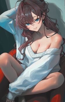 1girl absurdres ahoge arm_behind_head blue_eyes breasts brown_hair butterfly_sitting cleavage clenched_teeth collarbone earrings highres ichinose_shiki idolmaster idolmaster_cinderella_girls jewelry looking_at_viewer off-shoulder_sweater off_shoulder qingli_ye sitting solo sweater teeth white_sweater