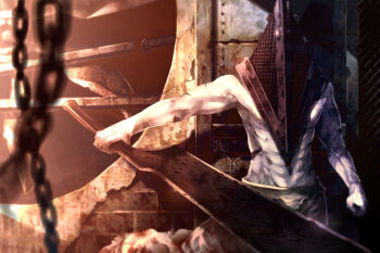 1boy blood blurry brown_theme chain commentary_request depth_of_field great_knife groin hat helmet highres male_focus monster muscular pectorals pyramid_head silent_hill silent_hill_(movie) silent_hill_(series) solo standing sunakumo sword topless_male ventilation_shaft weapon