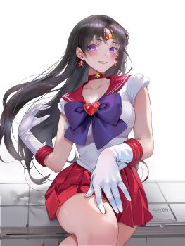 1girl absurdres back_bow bishoujo_senshi_sailor_moon black_hair bow bowtie brooch choker collarbone commentary_request elbow_gloves gem gloves heart heart_brooch highres hino_rei jewelry long_hair miniskirt partial_commentary photo-referenced pleated_skirt purple_bow purple_bowtie purple_eyes red_choker red_gemstone red_sailor_collar red_skirt sailor_collar sailor_mars sailor_senshi_uniform skirt super_sailor_mars tiaogeng white_gloves