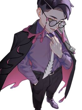 1boy adjusting_clothes adjusting_necktie black-framed_eyewear black_hair black_jacket black_pants collared_shirt corbeau_(pokemon) eyewear_strap glasses hand_in_pocket highres jacket long_sleeves male_focus mano_(mano_mano_5) necktie nintendo open_clothes open_jacket pants parted_hair parted_lips pokemon pokemon_legends:_z-a purple_hair purple_shirt round_eyewear shirt short_hair short_sideburns simple_background smile solo undercut white_background white_necktie yellow_eyes