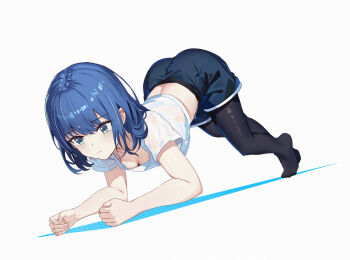 1girl black_pantyhose blue_eyes blue_hair breasts cleavage closed_mouth commentary_request edgar_syu exercising full_body kurokawa_akane medium_hair midriff oshi_no_ko pantyhose pantyhose_under_shorts see-through_clothes see-through_shirt shirt short_shorts shorts simple_background small_breasts solo sweat wet wet_clothes wet_shirt white_background white_shirt