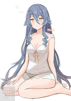 1girl absurdres bare_shoulders blue_hair breasts cleavage commentary_request drill_hair drill_sidelocks genshin_impact highres layla_(genshin_impact) long_hair mekechu3 nightgown sidelocks simple_background sitting sketch small_breasts solo spaghetti_strap twin_drills wariza white_background white_nightgown yellow_eyes