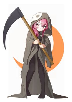 1girl alternate_costume black_bodystocking black_cloak cloak commentary cosplay crescent_moon death_(entity) full_body furrowed_brow grim_reaper grim_reaper_(cosplay) highres holding holding_scythe invisible_floor keibi_inu looking_at_viewer moon purple_eyes purple_hair pursed_lips scythe solo standing sugiura_ayano tareme white_background yuruyuri