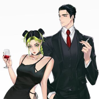 1boy 1girl bare_shoulders black_choker black_dress black_hair black_jacket black_nails black_pants black_vest blue_eyes braid braided_ponytail breasts choker cigarette closed_mouth collarbone collarbone_piercing collared_shirt commentary cup double_bun dress drinking_glass ear_piercing earrings english_commentary eyebrow_piercing eyelashes face_piercing green_eyes green_hair hair_bun hand_in_pocket hand_up hashtag-only_commentary henoopd highres holding holding_cigarette holding_cup jacket jewelry jojo_no_kimyou_na_bouken kuujou_jolyne kuujou_joutarou lips long_hair long_sleeves looking_at_viewer looking_to_the_side multicolored_hair necktie pants parted_lips piercing red_necktie shirt short_hair sidelocks simple_background single_braid small_breasts spiked_choker spikes stone_ocean stud_earrings two-tone_hair upper_body vest white_background white_shirt wine_glass