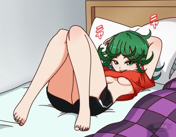 1girl ass bare_shoulders blush breasts cleavage collarbone curvy green_eyes green_hair hair_between_eyes highres legs looking_at_viewer medium_breasts navel nipples one-punch_man open_mouth original shorts simple_background skin_tight small_breasts smile solo tagme tatsumaki thick_thighs thighhighs thighs thighs_together
