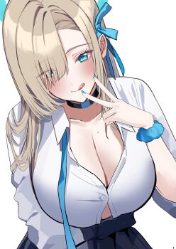 1girl absurdres asuna_(blue_archive) asuna_(school_uniform)_(blue_archive) blonde_hair blue_archive blue_eyes blue_halo blue_skirt blush breasts choker cleavage collarbone eyes_visible_through_hair hair_over_one_eye halo highres large_breasts long_hair looking_at_viewer mole mole_on_breast nakano_kura shirt skirt sleeves_rolled_up smile solo tongue tongue_out white_shirt