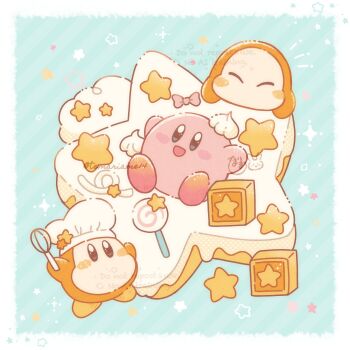 Rule 34 | blue eyes, blush, blush stickers, border, brown eyes, cake, candy, chef hat, closed eyes, food, happy, hat, highres, kirby, kirby (series), lollipop, mixed-language commentary, nintendo, no humans, smile, star (symbol), temariame14, toy block, twitter username, waddle dee, whipped cream, whisk, white border