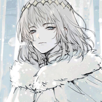 1boy breath cape chinese_commentary chocomirukuaji commentary_request crown expressionless fate/grand_order fate_(series) fur-trimmed_cape fur_trim lowres male_focus medium_hair oberon_(fate) oberon_(second_ascension)_(fate) portrait snowing solo