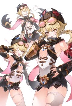 1girl akanbe bandana bandana_around_arm beanie black_gloves black_hat black_scarf black_shorts blonde_hair braid braided_hair_rings breasts center_opening commentary_request cowboy_shot detached_sleeves eyelid_pull fang fingerless_gloves genshin_impact giving_up_the_ghost gloves goggles goggles_on_head hair_rings hat highres jahoda_(genshin_impact) leotard looking_at_viewer mechanical_arms medium_breasts medium_hair multiple_views one_eye_closed open_mouth ppot prosthesis prosthetic_arm red_bandana scarf shorts sideboob single_detached_sleeve single_glove single_mechanical_arm single_thighhigh skin_fang smile star-shaped_pupils star_(symbol) symbol-shaped_pupils thighhighs tinted_eyewear tongue tongue_out torn_clothes torn_shorts torn_thighhighs v white_background white_leotard yellow_eyes