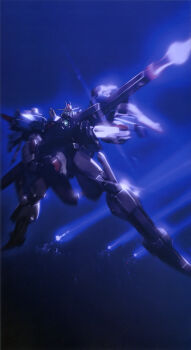 absurdres artist_request battle beam_rifle energy_beam energy_gun firing gundam gundam_perfect_file gundam_sentinel highres machinery mecha mecha_focus mobile_suit no_humans official_art realistic robot s_gundam science_fiction space star_(sky) v-fin weapon zero_gravity