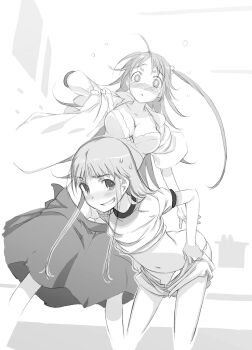 2girls blush bra breasts changing_clothes cleavage closed_mouth clothing_aside collarbone dot_nose embarrassed female_focus flat_chest haimura_kiyotaka highres index_(toaru_majutsu_no_index) kazakiri_hyouka large_breasts loli long_hair long_skirt looking_at_viewer midriff monochrome multiple_girls navel novel_illustration official_art open_mouth panties panties_aside pants school_uniform sexually_suggestive shirt short_sleeves skirt stomach tears toaru_majutsu_no_index toaru_majutsu_no_index:_old_testament underwear