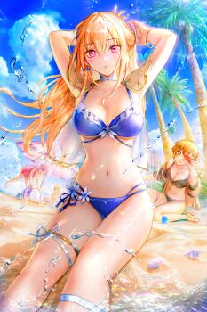 4girls absurdres adjusting_hair armpits arms_behind_head arms_up ass ball beach bikini black_bikini blonde_hair blue_bikini blue_choker blue_sky blush breasts choker cleavage cloud collarbone crab day flower heaven_burns_red highres jewelry kayamori_ruka kunimi_tama large_breasts leg_ribbon long_hair looking_at_viewer medium_breasts multiple_girls navel ocean one_eye_closed outdoors oyama_sou pink_eyes pink_hair red_eyes ribbon sand seashell shell shirakawa_yuina short_hair side-tie_bikini_bottom sitting sky solo_focus splashing starfish stomach summer sunlight swimsuit thigh_ribbon thigh_strap thighlet thighs tongue tongue_out toujou_tsukasa tree umbrella wariza water water_drop