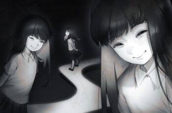 1girl black_hair closed_eyes collared_shirt colored_skin concentric_circles highres long_hair monochrome monoe multiple_views paxio44 shirt shoes short_sleeves skirt smile socks squinting surreal white_shirt white_skin yume_nikki
