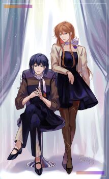 2girls absurdres black_dress black_hair brown_hair chair collar commentary crossed_legs curtains dress earrings elbow_rest english_commentary full_body han_sooyoung high_heels highres interlocked_fingers jacket jewelry long_hair long_sidelocks looking_at_viewer multiple_girls omniscient_reader's_viewpoint saihachi06 scarf short_hair sidelocks sitting smile standing yellow_jacket yoo_sangah