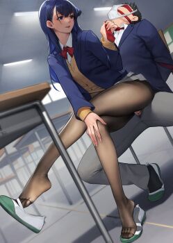 1boy 1girl absurdres beeeeen black_pantyhose blazer blue_eyes blue_hair blue_jacket blurry bow bowtie cardigan censored clothed_sex clothes_grab depth_of_field desk domination feet femdom grey_pants grey_skirt hetero highres indoors jacket looking_at_another mask_panties miru_tights mosaic_censoring nakabeni_yua necktie necktie_grab neckwear_grab object_on_head open_clothes open_jacket open_mouth panties panties_on_head pants pantyhose red_bow red_bowtie red_necktie school_desk school_uniform shirt shoes sitting skirt smile underwear uwabaki white_shirt yellow_cardigan