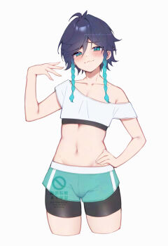 1boy :3 alternate_costume androgynous aqua_eyes aqua_hair aqua_shoes bike_shorts black_hair black_shorts blush braid collarbone commentary_request cropped_legs furrowed_brow genshin_impact gradient_hair groin hair_between_eyes half-closed_eyes hand_on_own_hip hand_up highres looking_at_viewer male_focus momochiwood multicolored_hair naughty_face navel off-shoulder_shirt off_shoulder shirt shoes short_hair_with_long_locks short_sleeves shorts shorts_under_shorts side_braids solo thighs twin_braids venti_(genshin_impact) white_shirt