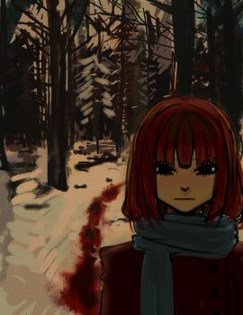 1girl absurdres black_eyes blood blood_trail blue_scarf buttons check_copyright closed_mouth coat copyright_request expressionless forest hatsuno highres log looking_at_viewer medium_hair nature original outdoors red_coat red_hair rock scarf snow solo straight-on tree upper_body