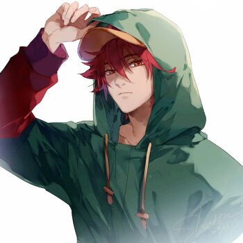 Rule 34 | 1boy, adjusting hood, baseball cap, brown eyes, commentary request, dated, green hoodie, hair between eyes, hat, hood, hood up, hoodie, kyan reki, long sleeves, looking at viewer, male focus, no headband, orange hat, red hair, shatin (pomelomcp), short hair, signature, simple background, sk8 the infinity, solo, upper body, white background