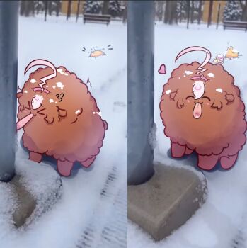 >_< ahoge animal_ears awooogie bird blush closed_eyes crown frozen hair_between_eyes hairband heart licking long_hair meisho_doto_(umamusume) mini_crown multicolored_hair photo-referenced pink_crown pink_hairband pole sheep smile snow stuck t.m._opera_o_(umamusume) tongue tongue_out tongue_stuck_frozen two-tone_hair umamusume white_hair winter