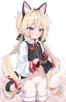 1girl absurdres animal_ears artist_request bandaid_on_thigh black_jacket blonde_hair blue_eyes blush cat_ears cat_tail clothes_lift commentary_request commission cowboy_shot earrings fake_animal_ears highres jacket jacket_lift jewelry korean_commentary lifting_own_clothes long_hair long_sleeves navel open_mouth original pointy_ears pussy second-party_source solo tail thighhighs very_long_hair white_background white_jacket white_thighhighs