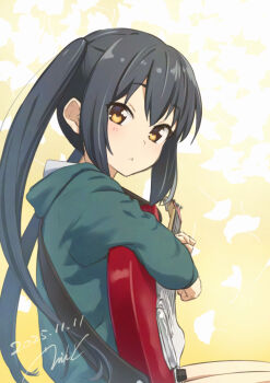 1girl 2025 _errant artist_name black_hair blush brown_eyes closed_mouth dated dot_nose feet_out_of_frame female_focus guitar hair_between_eyes holding holding_guitar holding_instrument hood hoodie instrument k-on! long_hair long_sleeves looking_at_viewer nakano_azusa sitting solo twintails