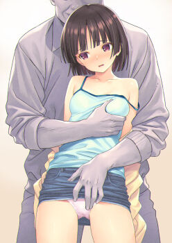 1boy 1girl black_hair blush breasts camisole commentary_request grabbing_another&#039;s_breast groping hetero koutaro medium_breasts miniskirt original panties purple_eyes short_hair skirt underwear white_panties
