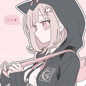 1girl animal_bag breasts brown_hair cat_bag collared_shirt danganronpa_(series) danganronpa_2:_goodbye_despair flipped_hair hair_ornament hood jacket komanami_kawaii long_sleeves medium_hair nanami_chiaki neck_ribbon open_clothes open_jacket pink_bag pink_eyes pink_ribbon ribbon shirt two-tone_shirt white_shirt