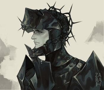 1boy armor artist_name black_armor breastplate closed_mouth commentary dungeons_&amp;_dragons english_commentary fantasy frown greyscale helmet knight looking_ahead male_focus monochrome original paladin pauldrons profile scar scar_on_face shoulder_armor solo thorns upper_body zara_h