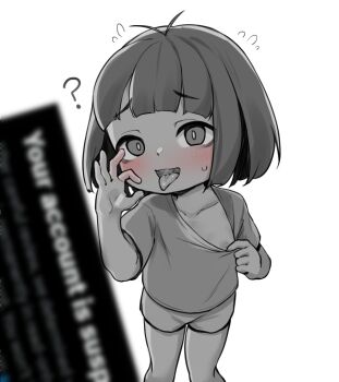 1girl ? blush breasts clothes_pull come_hither dora_marquez dora_the_explorer driftingtiger feet_out_of_frame fellatio_gesture loli looking_at_viewer monochrome naughty_face nipples one_breast_out open_mouth pov pulling_own_clothes short_hair shorts small_breasts solo spot_color standing teasing tongue tongue_out twitter