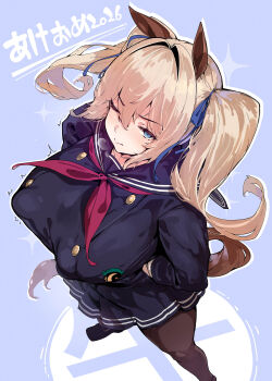 1girl animal_ears black_shirt black_skirt blonde_hair blue_background blue_eyes blue_ribbon breasts brown_pantyhose closed_mouth commentary_request from_above hair_ribbon highres horse_ears horse_girl horse_tail large_breasts long_hair looking_at_viewer neckerchief one_eye_closed original pantyhose red_neckerchief ribbon school_uniform serafuku shiokonbu shirt skirt solo tail