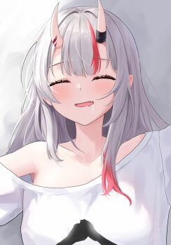 1girl bed_sheet center-flap_bangs closed_eyes commentary_request drooling facing_viewer fang gradient_hair grey_hair hair_between_horns highres hololive horns kakinotane_e long_hair lying multicolored_hair nakiri_ayame nakiri_ayame_(cutie_jersey) on_back oni open_mouth red_hair shirt single_off_shoulder skin-covered_horns skin_fang sleeping solo streaked_hair two-tone_hair upper_body virtual_youtuber white_shirt