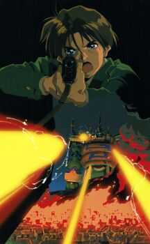 Rule 34 | 1boy, absurdres, blue eyes, brown hair, explosion, fire, gun, highres, holding, holding gun, holding weapon, kawamoto toshihiro, non-web source, open mouth, orguss 02, robot, scan, weapon