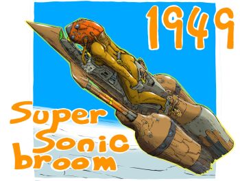 1girl above_clouds aircraft blue_sky bodysuit breasts broom cloud day english_text full_body helmet highres medium_breasts original rocket science_fiction sky solo thrusters yabarn