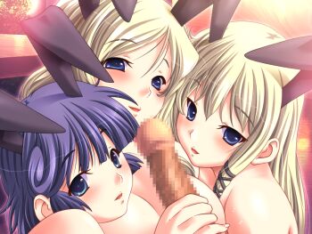 1boy 3girls animal_ears arise_mayu bare_shoulders blue_hair breasts censored cooperative_handjob game_cg handjob hitozuma_cosplay_kissa_(series) hitozuma_cosplay_kissa_2 large_breasts long_hair looking_at_viewer m&amp;m_(mickey_and_mackey) multiple_girls penis rabbit_ears saionji_claire saionji_lisa short_hair smile teamwork_(sexual)