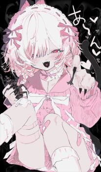 1girl bandage_on_knee bandaid bandaid_on_leg bandaid_on_thigh black_background black_nails black_tail blush cat_tail commentary fangs fingernails furrowed_brow hair_between_eyes hair_over_one_eye heart heart_in_mouth highres holding_bug jacket kneehighs long_sleeves looking_at_viewer medium_hair open_mouth original outstretched_arm pink_eyes pink_jacket sharp_fingernails shibakure_inuwo smile socks solo tail white_hair